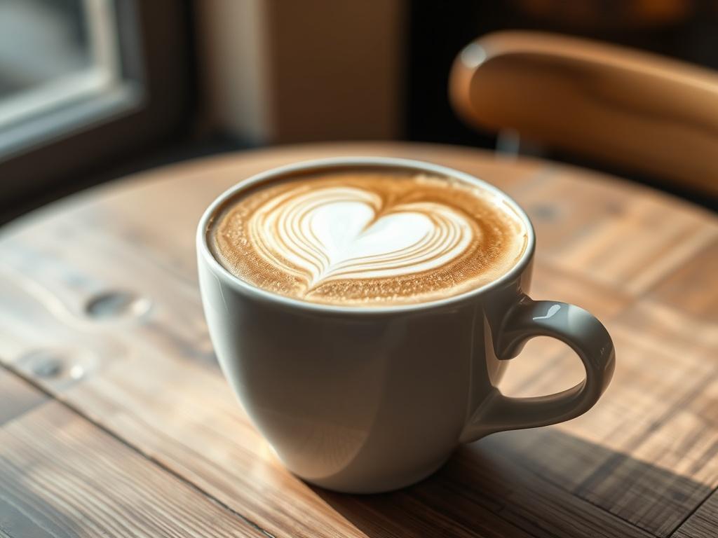 A close-up shot of a perfectly crafted cappuccino, showcasing a rich, velvety foam on top with intricate latte art in the shape of a heart. The cappuccino sits in a classic white ceramic cup, placed on a rustic wooden table. The background is softly blurred to emphasize the drink, with natural light illuminating the creamy texture of the foam and the warm tones of the coffee. The color palette harmonizes with the #136A5C primary color, creating an inviting and cozy atmosphere.