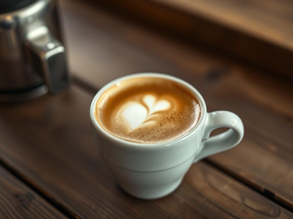 A close-up shot of a beautifully crafted espresso macchiato in a ceramic cup, showcasing the rich, dark espresso topped with a creamy layer of microfoam. The cup sits on a rustic wooden table with a soft, blurred background that highlights the drink's texture and color. The scene is captured with a 45mm f/1.2 lens to emphasize the details of the espresso and foam, complemented by the #136A5C primary color palette.