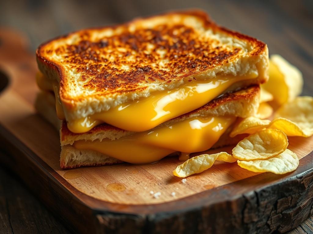 A hyper-realistic close-up shot of a perfectly toasted grilled cheese sandwich, with golden-brown crispy edges and melted cheese oozing out from between two slices of buttered bread. The sandwich is placed on a rustic wooden board, accompanied by a small pile of crispy potato chips, glistening with a hint of sea salt. The background is softly blurred, highlighting the delicious details of the sandwich and chips. The colors are warm and inviting, with a focus on the rich yellows and browns of the food, compa