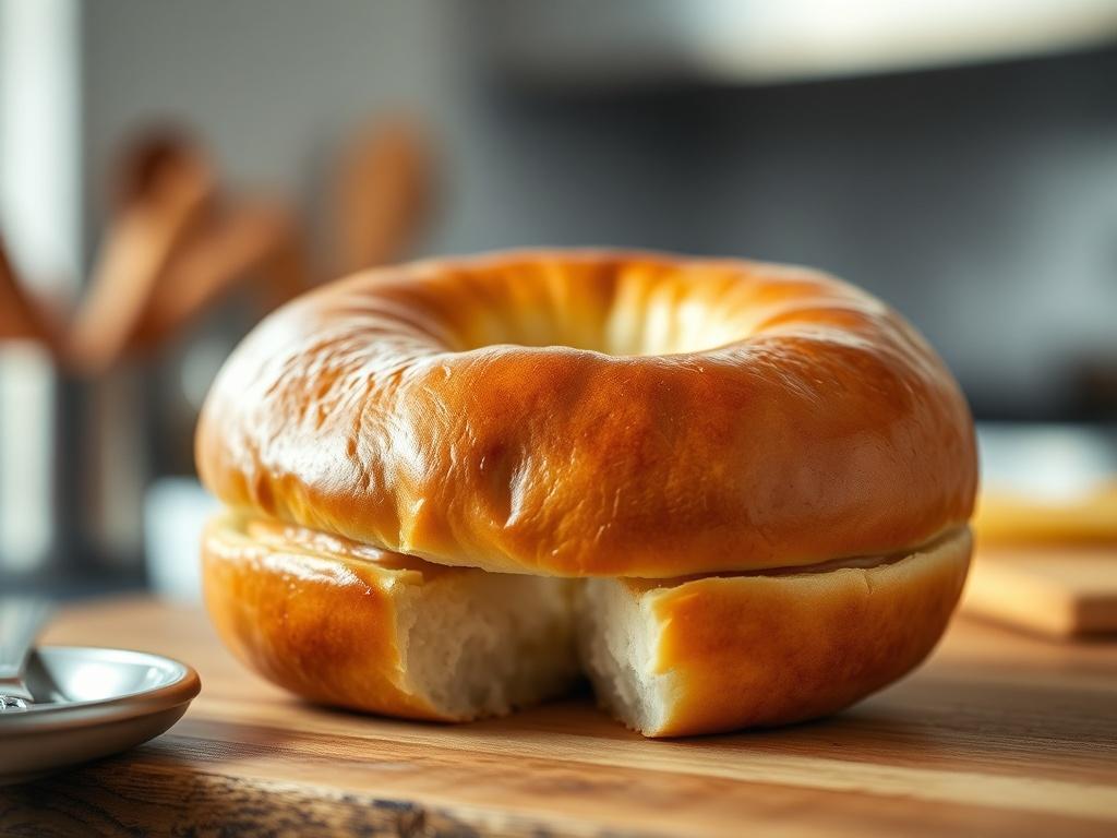 A hyper-realistic close-up photo of a fresh, toasted bagel with a shiny golden crust. The bagel should be cut in half, showcasing its soft, fluffy interior. The background should be a simple, blurred kitchen setting to emphasize the bagel. The lighting should be warm and inviting, highlighting the textures and details of the bagel. The image should align with the #136A5C primary color.