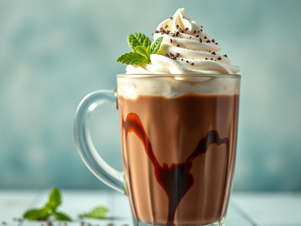 A hyper-realistic close-up shot of a Mint Mocha Iced Hot Chocolate in a glass mug. The drink is beautifully layered with rich chocolate, creamy whipped cream on top, and a sprinkle of mint leaves for garnish. The background is softly blurred, highlighting the vibrant colors of the drink against a soothing #136A5C backdrop. The focus is sharp on the glass, showcasing the glossy texture of the chocolate and the fluffy whipped cream.