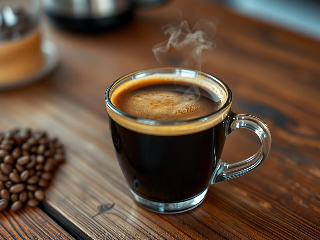 A close-up shot of a steaming cup of freshly brewed House Coffee, placed on a rustic wooden table. The coffee is dark and rich, with a light frothy layer on top, showcasing its smooth texture. The background is softly blurred, highlighting the coffee cup while maintaining a cozy, inviting atmosphere. The image should be taken with a 45mm f/1.2 lens style to emphasize the details and warmth of the scene.