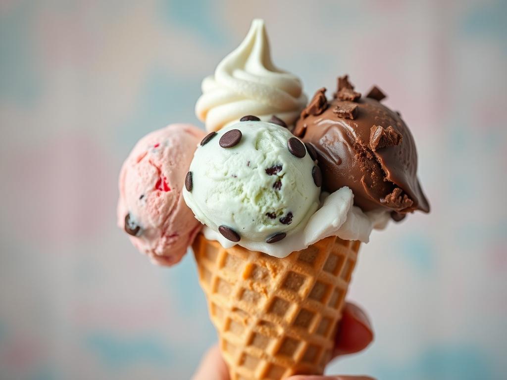 A close-up shot of a beautifully crafted ice cream cone with three vibrant scoops of ice cream in flavors like strawberry, mint chocolate chip, and rich chocolate. The cone is held in one hand against a softly blurred pastel background, enhancing the vivid colors of the ice cream. Shot with a 45mm f/1.2 lens to create a shallow depth of field, emphasizing the details of the ice cream and cone.