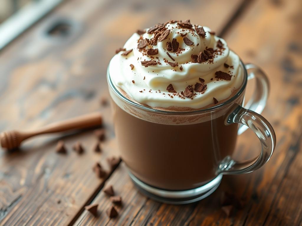 Create a hyper-realistic, high-resolution image of a cup of Hot Chocolate topped with fluffy whipped cream and chocolate shavings. The cup should be placed on a rustic wooden table, with soft, natural lighting highlighting the creamy texture of the drink. The focus should be on the cup, with a blurred background to enhance the subject. The color palette should harmonize with the primary color #136A5C.