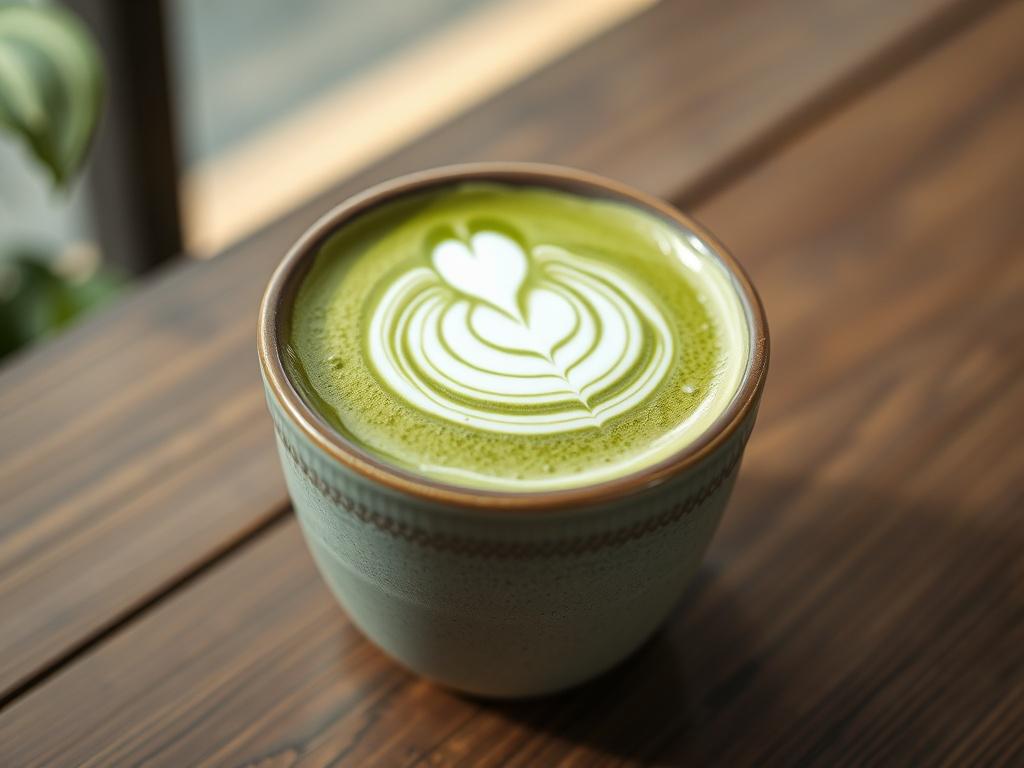 A close-up shot of a beautifully crafted Matcha Tea/Latte in a ceramic cup, showcasing its rich green color and creamy texture. The background is softly blurred to emphasize the drink, with natural light illuminating the details of the matcha foam art on top. The scene is set on a wooden table, enhancing the organic feel of this refreshing beverage.