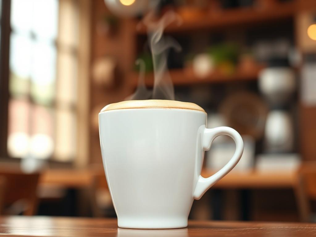 A hyper-realistic close-up shot of a freshly brewed Americano in a classic white ceramic cup, showcasing the rich crema on top. The background should be a soft-focus café setting, with warm lighting to create an inviting atmosphere. The composition should emphasize the cup, with steam rising gently, hinting at the warmth and inviting nature of the drink. Ensure the colors are vibrant, with a focus on the deep brown of the coffee and the creamy white of the cup, compatible with the #136A5C primary color.